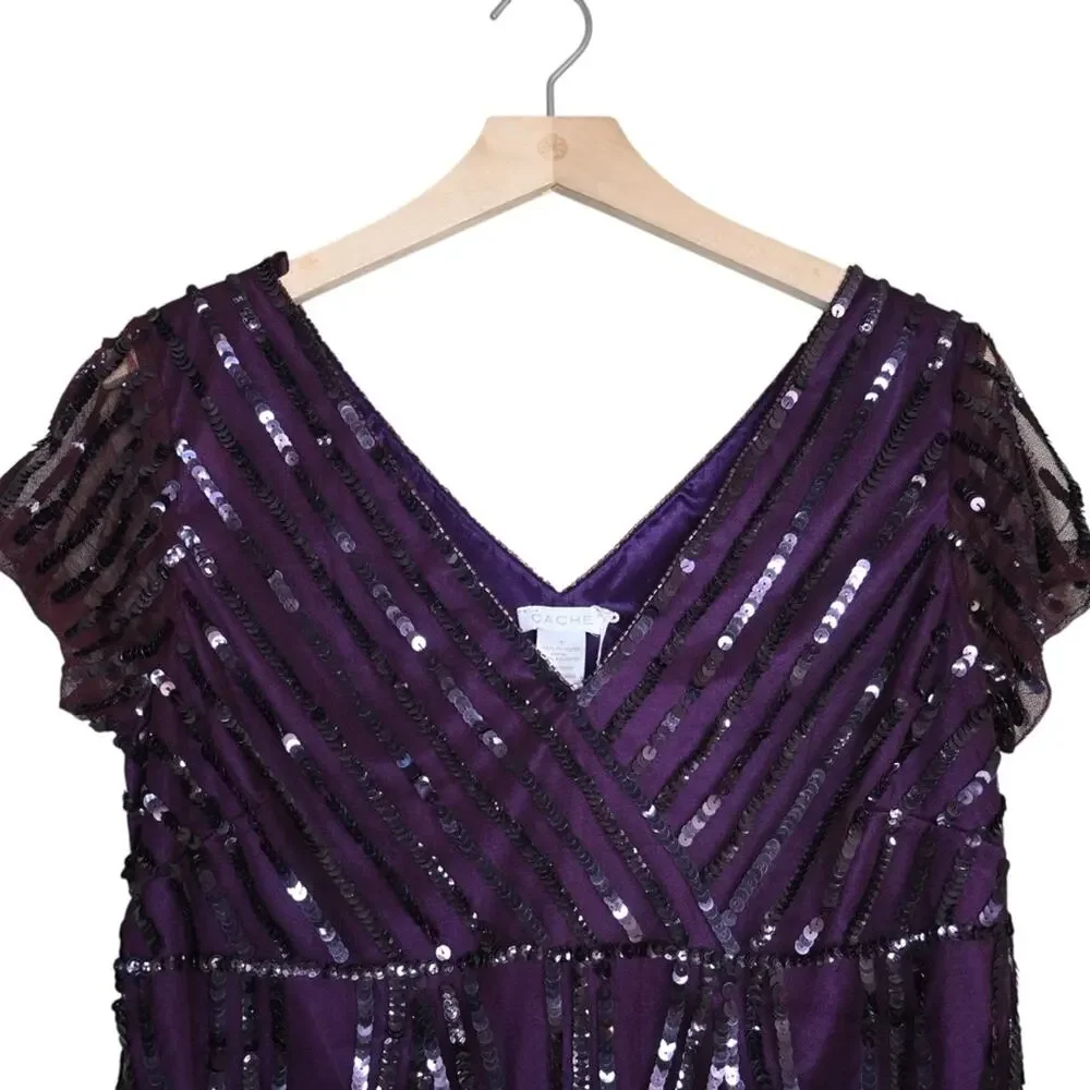 Cache Womens M Purple Short Sleeve Sequin Evening Cocktail Blouse NEW - Picture 3 of 9